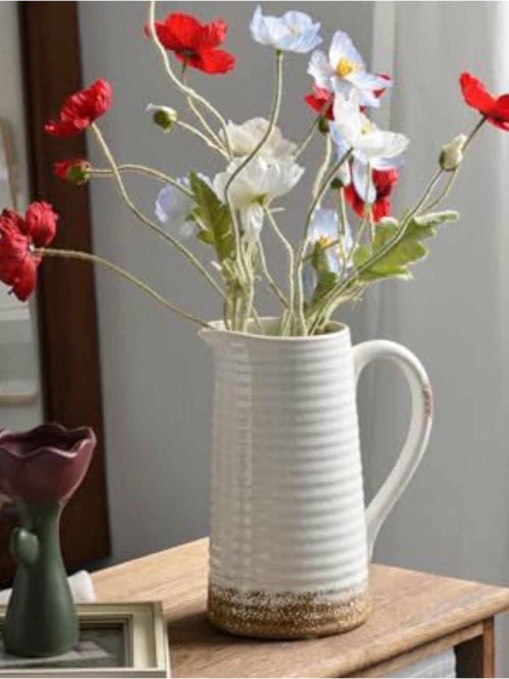 White Ceramic Ribbed Pitcher Vase with Distressed Base - Picture 2 of 3